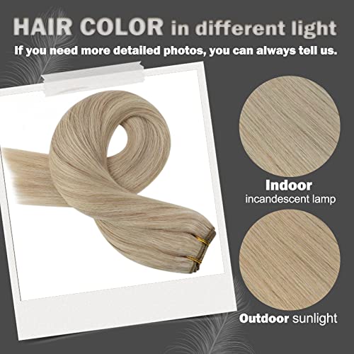 Moresoo Sew in Hair Extensions Blonde Highlight Remy Weft Hair Extensions Human Hair Ash Blonde with Blonde Highlight Double Weft Sew in Weft Extensions Human Hair 14Inch 100G - Image 9