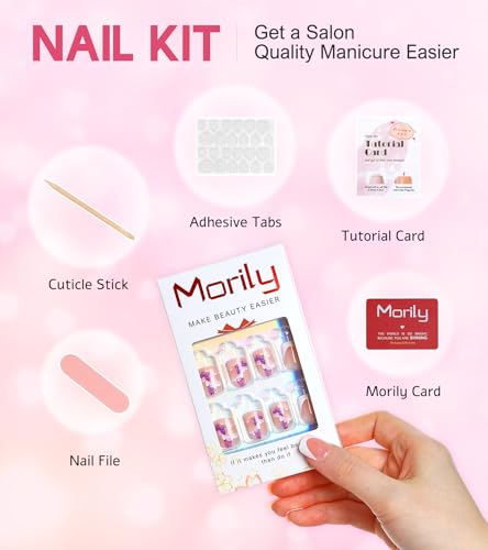 Morily 24 Piece Short French Tip Press on Nails Purple Butterfly White Cloud Design - Image 5