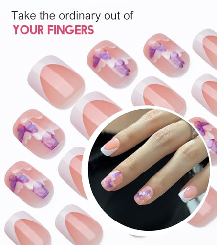 Morily 24 Piece Short French Tip Press on Nails Purple Butterfly White Cloud Design - Image 3