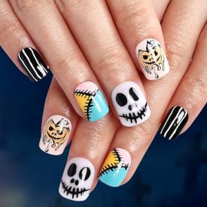 Morily Black Press on Nails Short Square - Pumpkin Halloween Fake Nails Gloosy False Nails with Stitches Designs Full Cover Squoval Acrylic Stick on Nails for Women and Girls - 24Pcs