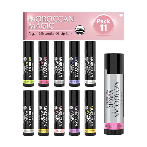 Moroccan Magic Organic Lip Balm & SPF15: 11 Piece Variety Pack Gift Set | Organic Argan and Essential Oils | Smooth | Natural | Non-Toxic | Cruelty Free | 11 Pack