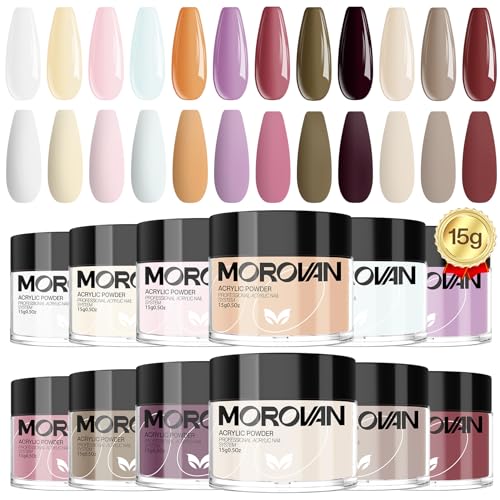 Morovan Acrylic Powder Set: Nail Acrylic Powder 12 Colors Professional Polymer Colored Acrylic Powder with Glitter Nails Powder for Acrylic Nail Extension Carving 15g 0.5fl.Oz