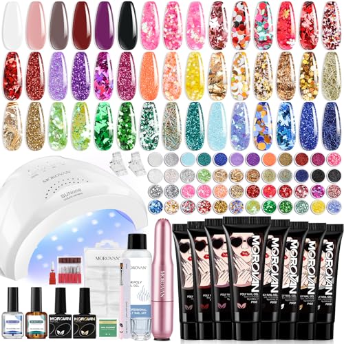 Morovan Poly Gel Nail Kit: 8 Colors Poly Nail Gel Kit With Drill and 48W LED Nail Lamp Poly Gel Nail Starter Kit For Beginners with Everything Professional Extension Gel Kit