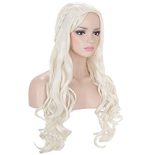 morvally Daenerys Dragon Queen Cosplay Wig for Khaleesi Long Curly Wavy Braids Hair Wigs for Women Costume Halloween Party(Light Blonde) - Image 2