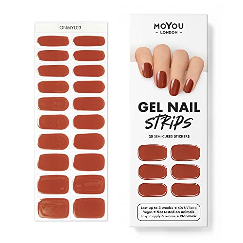 MOYOU LONDON Semi Cured Gel Nail Strips, 20 Pc. Gel Wraps for Nails, Get 1 Free UV Lamp When You Get 2 or More, Easy Apply & Remove for Salon-Quality Manicure - Cinnamon Bun