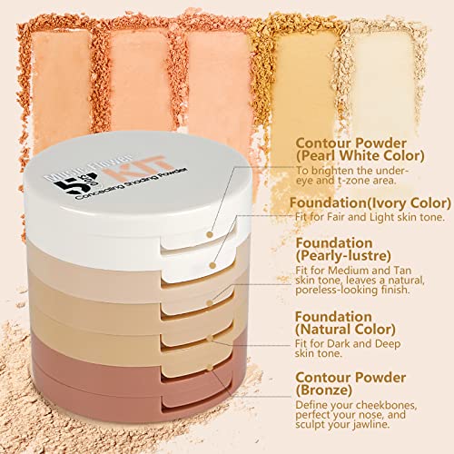 Multi-layer 5 Colour Makeup Powder Compact Powder Make up Contour Face Bronzing Foundation Correcting Pressed Powder - Facial Base Contouring Beauty Cosmetics Bronzer Pallet Palette - Image 4