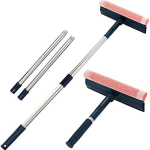 Multi-Use Window Squeegee with 56" Long Handle,2 in 1 Window Cleaning Tools with Dual Side Blade Rubber & Scrubber Sponge, Shower Squeegee for Glass Doors, car Windshield, Glass, Mirror