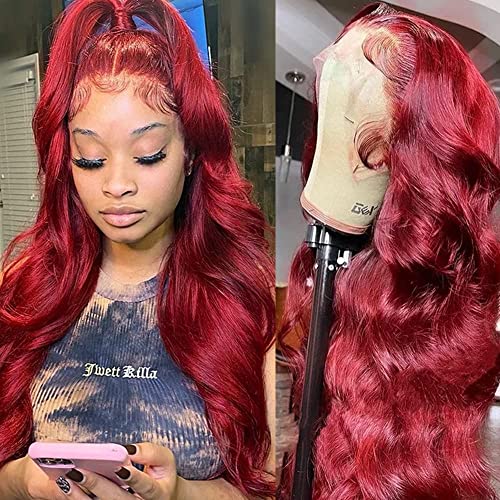 MUPRETTY Burgundy Lace Front Wigs Human Hair 180 Density HD Transparent Lace Human Hair Wig 13X4 Body Wave Lace Front Wigs With Baby Hair Virgin Human Hair Pre Plucked Natural Hairline (20inch)