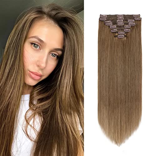 MY-LADY Double Weft Clip in Hair Extensions 100% Remy Human Hair 18 inch 140g 8pcs Light Brown Full Head Thick Human Hair Extension Clip Ins 18clips Grade 7A Quality Silky Straight #6