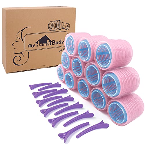 myHomeBody Self Grip Hair Rollers, Extra Large and Jumbo Hair Curlers with Clips | Hair Rollers for Long Hair | 36 pcs Set Includes 24 Rollers & 12 Duckbill Hair Clips – Baby Pink & Aqua Blue