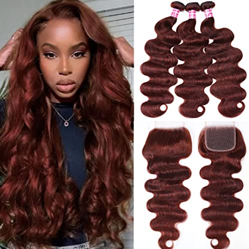 Nadula 12A Brown Reddish Body Wave Human Hair 3 Bundles with 4x4 Lace Closure Free Part Brazilian Remy Hair Copper Red Bundles with Closure Colored Wavy Human Hair Extensions 33B# 16 18 20+14inch