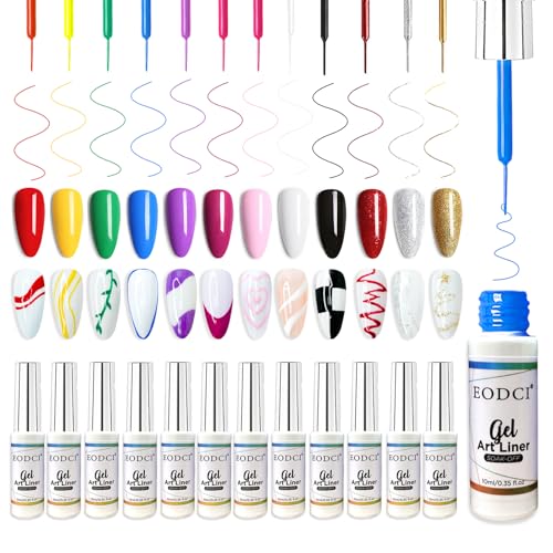 Nail Art Gel Liner Set, 12 Colors Black Red Pink Yellow Green Glitter Spring Summer Gel Polish for Swirl French Tip Painting Designs Soak Off Built Thin Brush DIY Nail Starter Kit