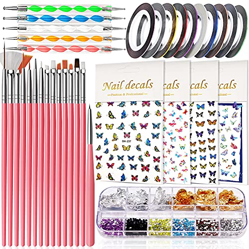 Beginner Nail Art Kit 5-Piece Set with Brushes, Dotting Tools, Stickers, Foil, and Tapes