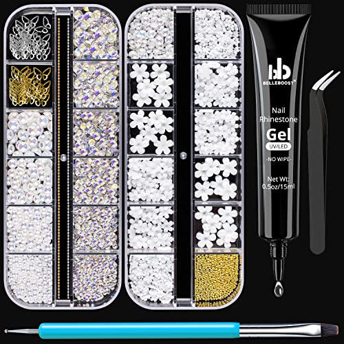 Nail Art Rhinestone Glue Gel&2 Boxes 3D Charms Accessories Kit 5, 1 Pc of 15ml Rhinestone Glue(UV/LED Needed)+3D Flowers Nail Decors Gems Crystal Pearls Bow Beads with Dual-End Brush Tool And Tweezer
