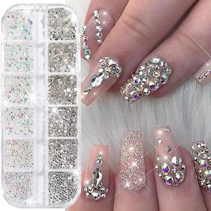 Nail Art Rhinestones Flatback Rhinestones Pearls Nail Charms for Acrylic Nails Crystals Nail Art Supplies Half Round Design Nail Gems Nail Pearls Nail Accessories for Women DIY Nail Decor