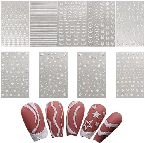 Silver Glitter French Tip Nail Art Stickers 8 Sheets DIY Crafts for Women - Image 2