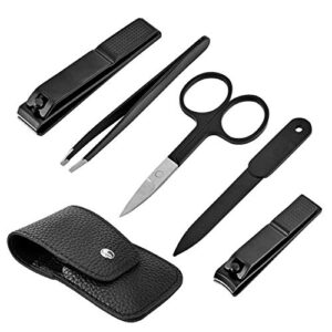 Nail Clipper Set for Men & Women – Travel Nail Care Kit with Black Stainless Steel Fingernail Clipper & Pedicure Toenail Trimmer, Nail File, Sharp Tweezers & Manicure Scissors Set of 5 (Black)