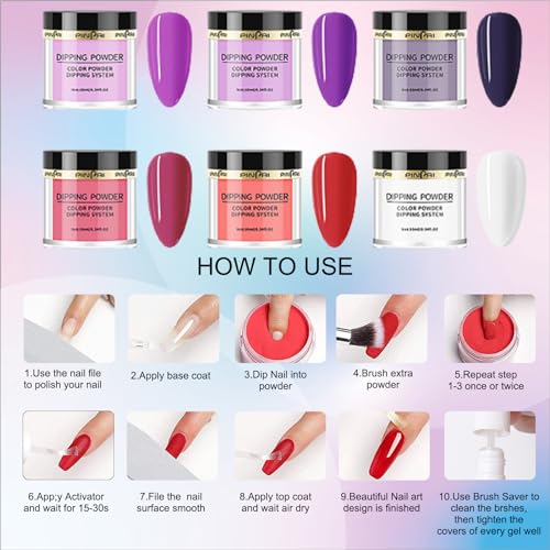 6 Color Nude Glitter Dip Powder Nail Kit with Base, Top Coat, and Application Tools - Image 3