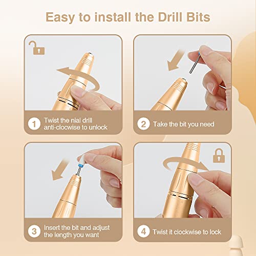Scienbeauty Professional 30000RPM Rechargeable Nail Drill Kit 18K Gold Finish with 8 Bits for Acrylic and Gel - Image 3