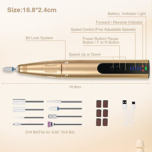 Scienbeauty Professional 30000RPM Rechargeable Nail Drill Kit 18K Gold Finish with 8 Bits for Acrylic and Gel - Image 6