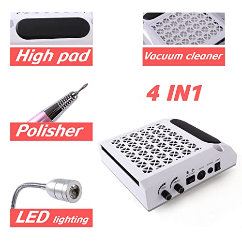 Nail Dust Collector for Acrylic Nails 4 in 1 Nail Dust Collector Vacuum for Polygel Acrylic Nails Electric Nail Drill Bits 80W Nail Vacuum with Efile Nail Drill+Hand Rest for Nails + LED Desk Lamp - Image 7