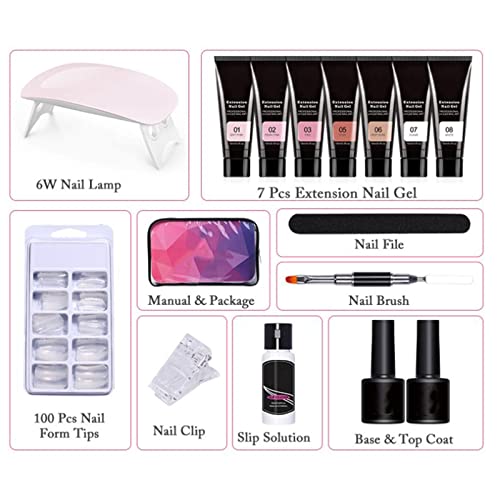 Nail Extension Gel Kit, Gel Nail Kit with UV Light, Nail Enhancement Extension Kit Manicure Set with 7 Colors 15ml Extension Nail Gel, Base Top Coat, 100 False Nails for Nail Art Starter Kit - Image 2