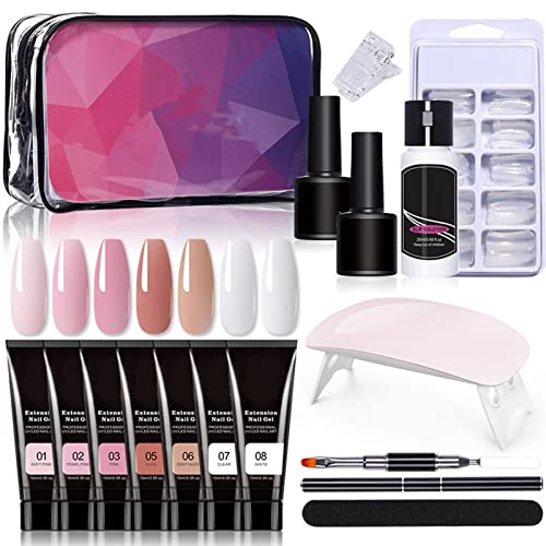 Nail Extension Gel Kit, Gel Nail Kit with UV Light, Nail Enhancement Extension Kit Manicure Set with 7 Colors 15ml Extension Nail Gel, Base Top Coat, 100 False Nails for Nail Art Starter Kit