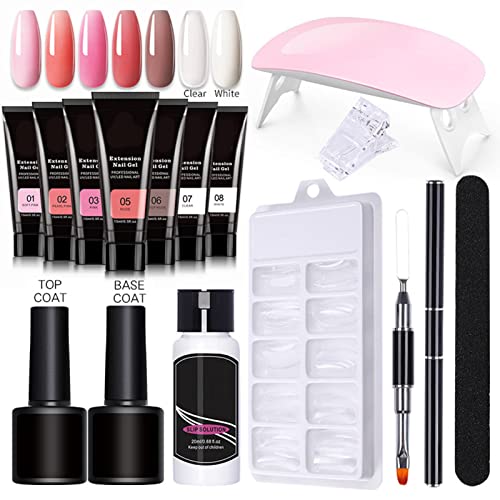 Nail Extension Gel Kit, Gel Nail Kit with UV Light, Nail Enhancement Extension Kit Manicure Set with 7 Colors 15ml Extension Nail Gel, Base Top Coat, 100 False Nails for Nail Art Starter Kit - Image 9