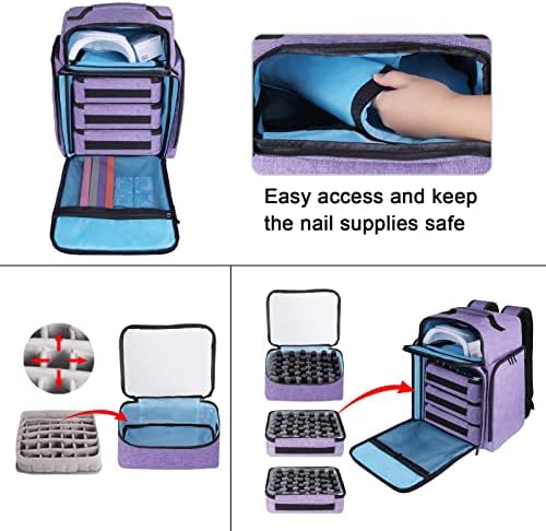 Nail Polish Organizer Backpack Holds 108 Bottles(15ml - 0.5 fl.oz) and a Nail Lamp, Nail Supplies Organizer Case with 3 Removable Nail Polish Pouches, Nail Storage Bag for Nail Tech (Purple) - Image 4