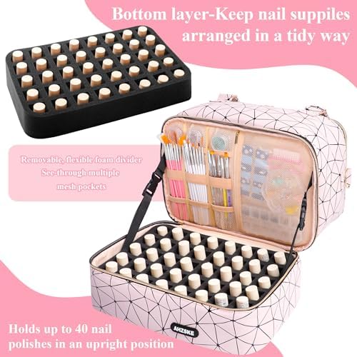 Nail Polish Organizer Bag Holds Nail Lamp and 50 Bottles (0.5 fl.oz), Nail Polish Organizer Case with Shoulder Strap & Holder Strip, Travel Nail Polish Storage for Manicure Tools (Pink) - Image 3