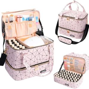 Nail Polish Organizer Bag Holds Nail Lamp and 50 Bottles (0.5 fl.oz), Nail Polish Organizer Case with Shoulder Strap & Holder Strip, Travel Nail Polish Storage for Manicure Tools (Pink)