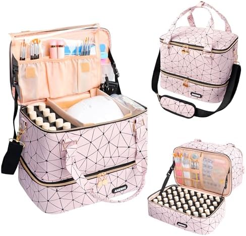 Nail Polish Organizer Bag Holds Nail Lamp and 50 Bottles (0.5 fl.oz), Nail Polish Organizer Case with Shoulder Strap & Holder Strip, Travel Nail Polish Storage for Manicure Tools (Pink)