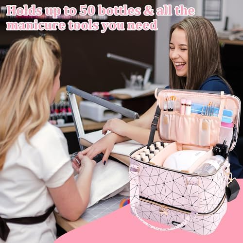 Nail Polish Organizer Bag Holds Nail Lamp and 50 Bottles (0.5 fl.oz), Nail Polish Organizer Case with Shoulder Strap & Holder Strip, Travel Nail Polish Storage for Manicure Tools (Pink) - Image 6