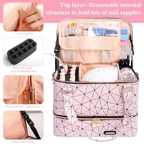 Nail Polish Organizer Bag Holds Nail Lamp and 50 Bottles (0.5 fl.oz), Nail Polish Organizer Case with Shoulder Strap & Holder Strip, Travel Nail Polish Storage for Manicure Tools (Pink) - Image 2
