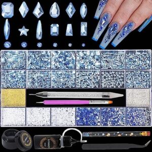 Nail Rhinestones Kit 9080PCS Flatback Rhinestones for Nail Crystals Decoration Nail Hearts Multi Shapes Mix Size and Metal Beads Pearl Gold Silver with glue gel and pen brush tweezers(Light Blue)