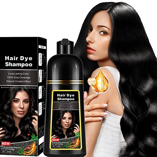 Natural Black Hair Dye Shampoo 3 IN 1 for 100% Gray Hair Coverage, Instant Herbal Ingredients Hair Color Shampoo for Women Men, Hair Dye Coloring in Minutes 500ml