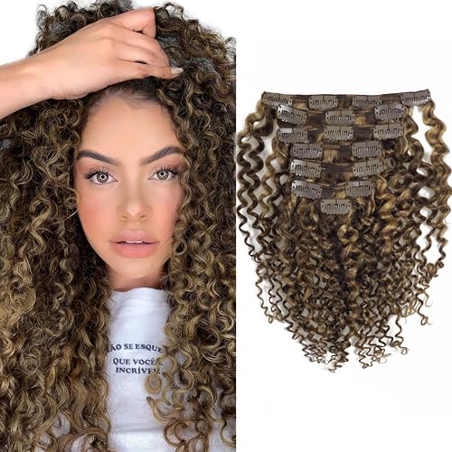 Natural Curly Clip in Human Hair Extensions 22Inch Jerry Curly Clip in Hair Extensions Chocolate Brown Mixed with Strawberry Blonde Real Remy Human Hair Extensions 3B 3C Curly Clip Ins #P4/27 120g