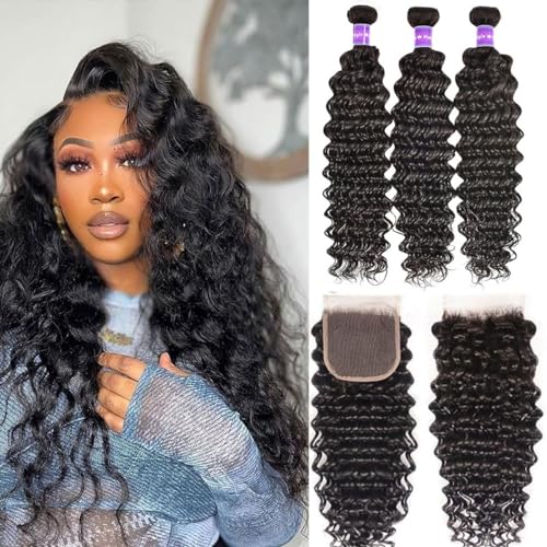 Natural Deep Wave Bundles With Lace Closure Human Hair(26 28 30+20) Inches Wet and Wavy Bundles with Closure Brazilian Curly Human Hair Bundles with Closure Free Part Natural Color (26 28 30+20)