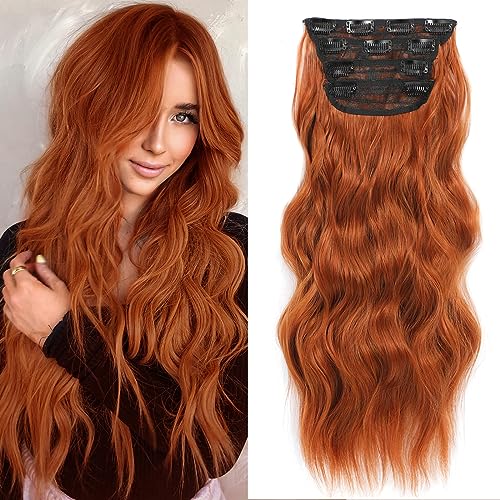 NAYOO 20 Inch Copper Red Long Wavy Clip-In Hair Extensions 4 Piece Thick Set