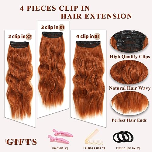 NAYOO 20 Inch Copper Red Long Wavy Clip-In Hair Extensions 4 Piece Thick Set - Image 2