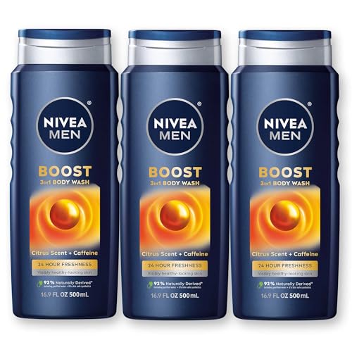 Nivea Men Boost 3-in-1 Body Wash, Citrus Scent and Caffeine Enriched Men's Body Wash Cleanses Face, Body and Hair, 16.9 Fl Oz Bottle, Pack of 3