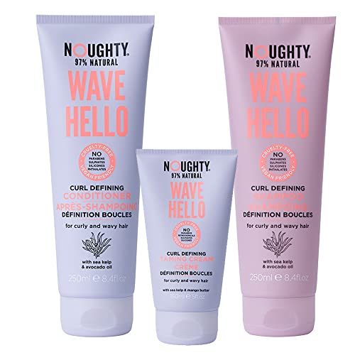 Noughty 97% Natural Wave Hello Shampoo, Conditioner and Taming Cream Trio, Vitamin Rich Formula for Curly and Wavy Hair, Sulphate Free Vegan Haircare 2 x 250ml, 1 x 150ml