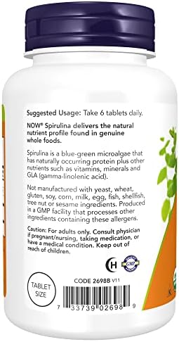 NOW Supplements, Organic Spirulina 500 mg with Vitamins, Minerals and GLA (Gamma-Linolenic Acid), 200 Tablets - Image 3