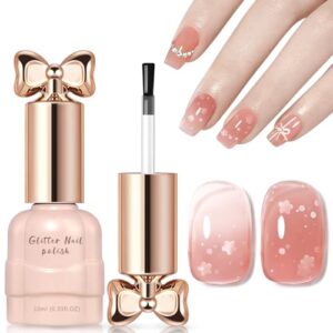 Nude Pink Glitter Gel Nail Polish, Sparkle Flower Sequins Holographic Glitter Gel Polish, High Shine Long Lasting Shimmer Gel Polish Soak Off UV LED Nail Art Manicure DIY Salon Home 0.35 OZ