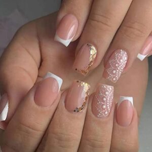 Nude Pink Press on Nails Medium Square - White French Fake Nails with Gold Sequins Design False Nails Tips Full Cover Stick on Nails Acrylic Artificial Press ons Nail Kit Art for Women 24Pcs/Set