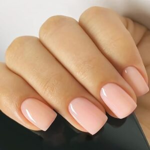 Nude Pink Press on Nails Short Square Fake Nails with Solid Color Design False Nails Glossy Glue on Nail Reusable & Natural Acrylic Coffin Nails Set for Women Girls DIY Manicure Decor in 24 PCS