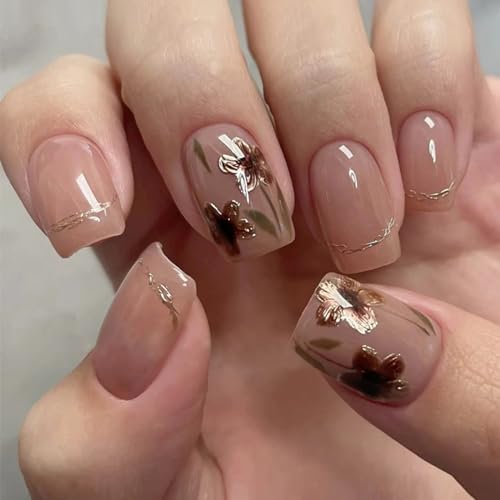 Nude Pink Press on Nails Short Square - SHANRUN Spring Fake Nails Press ons Nail Art Tips Glue on Nails Full Cover Artificial Acrylic False Nails with Flowers Design Stick on Nails Kit for Women