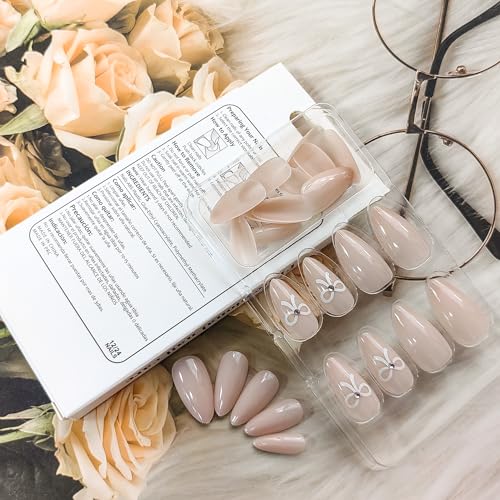 Nude Press on Nails Short Almond False Nails Solid Color Neutral Fake Nails with Glue Full Cover Bow Tie Glossy Stick on Nails Light Pink Nails Press on Acrylic Nails for Women Winter Nail Decorations - Image 2