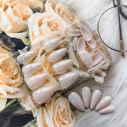 Nude Press on Nails Short Almond False Nails Solid Color Neutral Fake Nails with Glue Full Cover Bow Tie Glossy Stick on Nails Light Pink Nails Press on Acrylic Nails for Women Winter Nail Decorations - Image 6