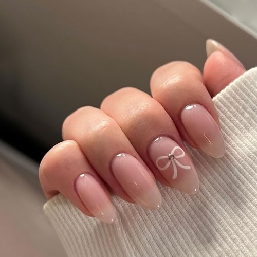 Nude Press on Nails Short Almond False Nails Solid Color Neutral Fake Nails with Glue Full Cover Bow Tie Glossy Stick on Nails Light Pink Nails Press on Acrylic Nails for Women Winter Nail Decorations - Image 4